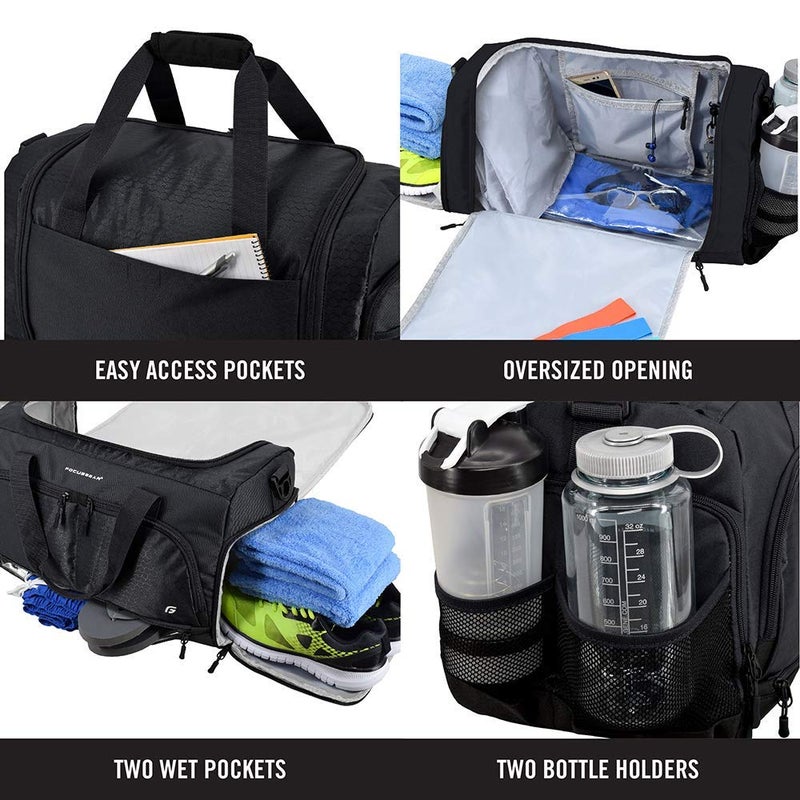 FocusGear Ultimate Gym Bag 2.0: The Durable Crowdsource Designed Duffel Bag with 10 Optimal Compartments Including Water Resistant Pouch (Black, Small (15")) - Image 2